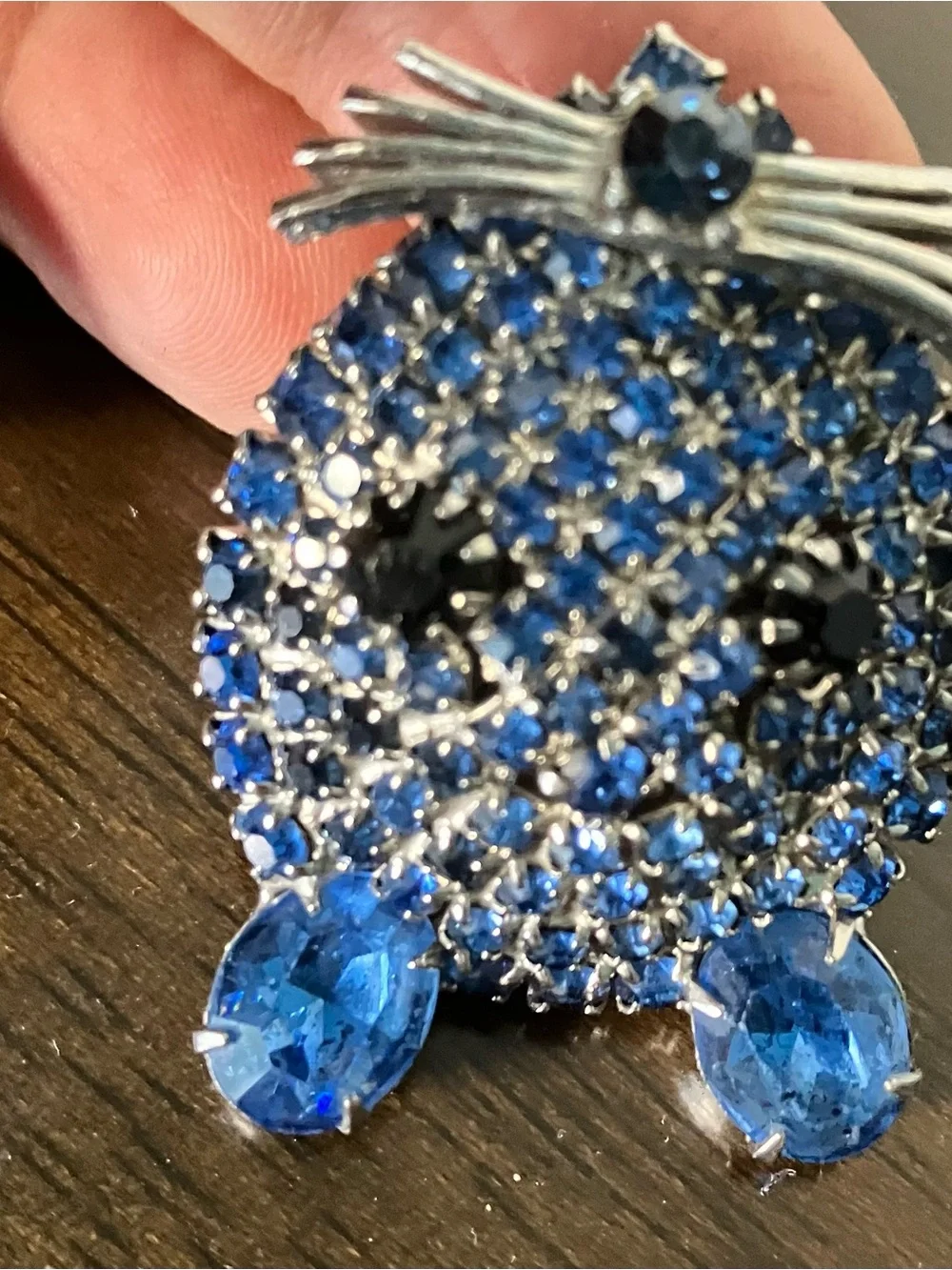 Weiss Whimsical Mouse Face Albert Weiss Sapphire Blue Crystal Owl Brooch Pin